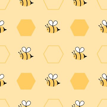 Bee and Hexagon Large Seamless Pattern on yellow background