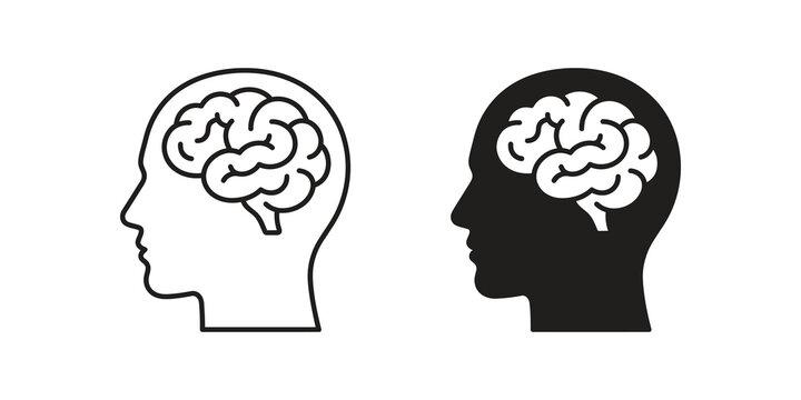 Black and white human head with brain icon for thought and mind.