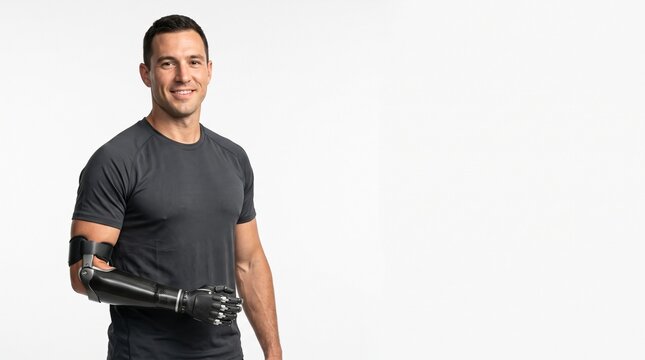 Smiling athletic man with a bionic prosthetic arm wearing a grey sports shirt, posing confidently on a white background with copy space.