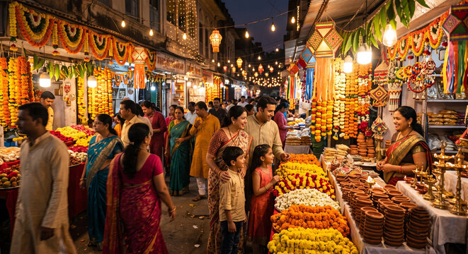 Happy Indian Family Shopping in Busy Night Market for Diwali Decoration, Clay Diyas, and Marigold Flowers