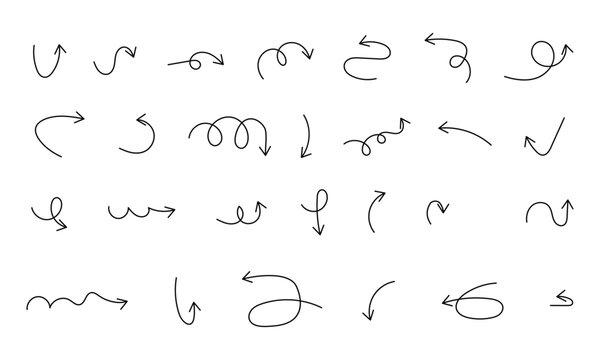 Hand Drawn Curved Arrow Collection, Doodle Style Directional Arrows and Navigation Symbols Set for Movement, Flowchart and Graphic Design
