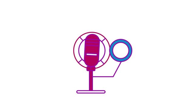 Seamless 4K looping animation of a flat mic shock mount icon vibrating, centred and isolated on a clean white background with plenty of copy space. Bold outlined vector shapes in purple and violet and