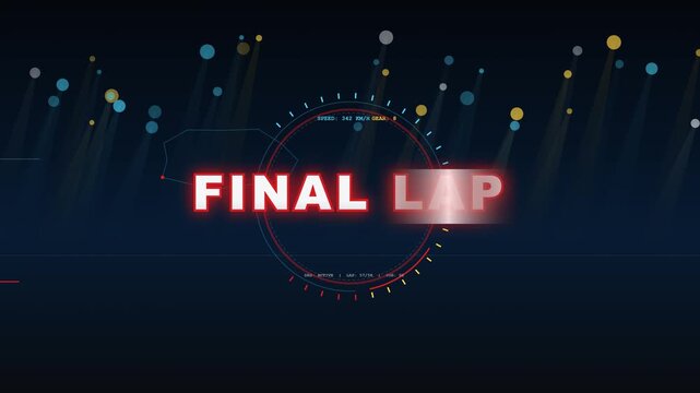 Dynamic Formula 1 inspired final lap countdown featuring numbers three, two and one followed by a dramatic FINAL LAP title reveal. Futuristic racing HUD graphics, telemetry elements, speed streaks and