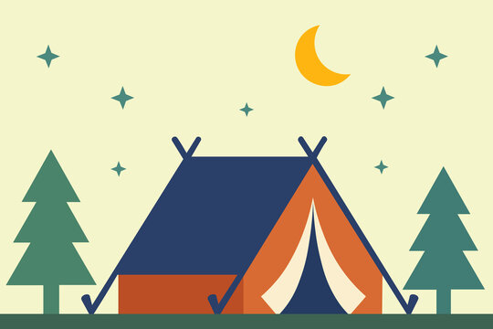 Flat vector illustration of a camping tent set up at night in a forest with pine trees, a crescent moon, and twinkling stars in the sky
