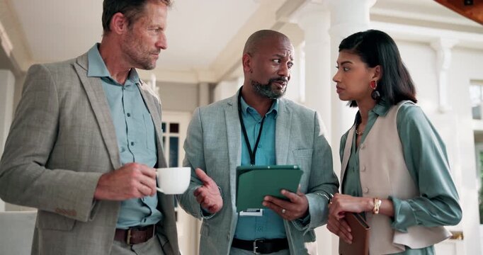 Tablet, talk and team with business people at conference for vip organizer, meeting and advice. Delegate registration, digital guest sign in and seminar coordinator with employee in hotel for help