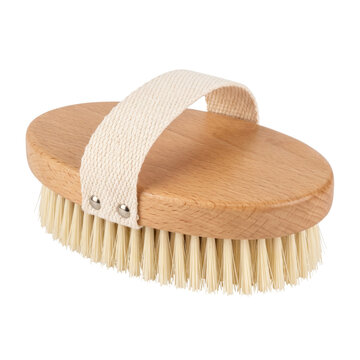 Oval wooden body brush with natural bristles and fabric handle on a transparent background