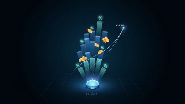 Glowing financial growth chart featuring ascending bar graphs digital coins and percentage symbols against dark background