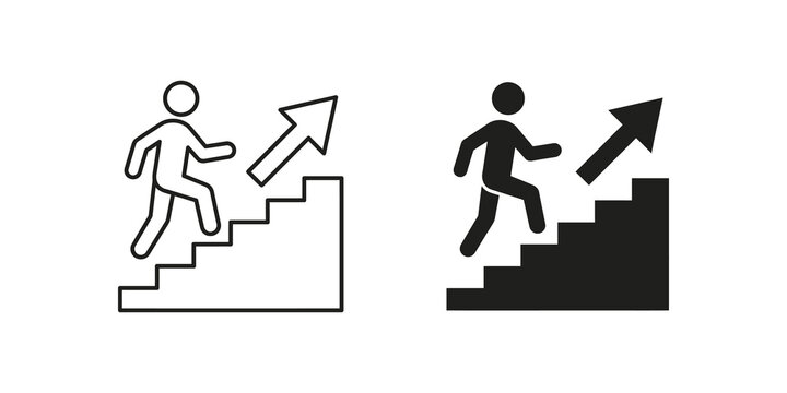 Person climbing stairs with arrow up line and solid vector for progress.
