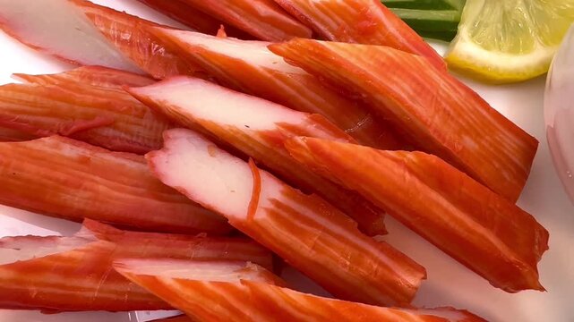  Surimi Crab Sticks with Soy Sauce, Cucumber and Japanese Style Garnishes on a White Plate