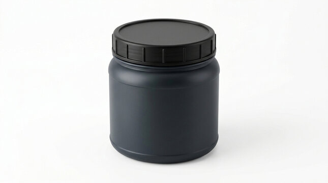 Black plastic container with lid on gray background