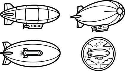 Blimp airship zeppelin flying vector icons set outline black line art graphic design © mst