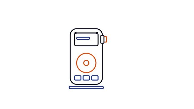 Animated flat label maker icon in a minimal vector style, printing label in a smooth 4K seamless loop. The symbol sits alone in the centre of a bright white background in blue and azure, leaving room 