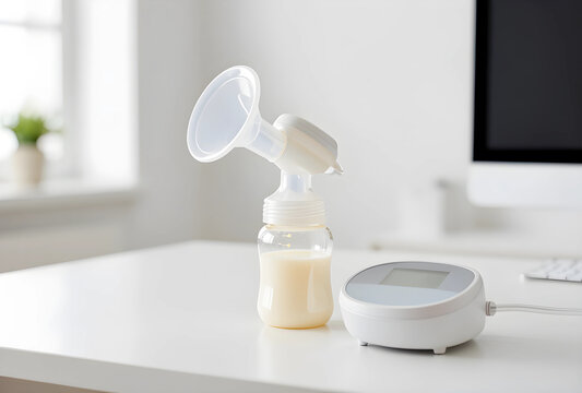 Working motherhood and breastfeeding, electric breast pump on office desk for pumping milk during work hours to support infant nutrition and career