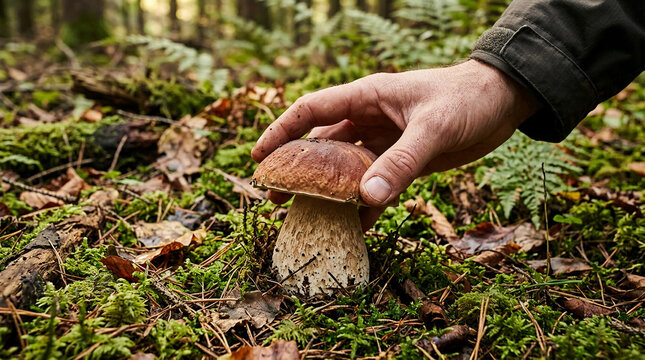 Forager picking a wild porcini mushroom (Boletus edulis) in a lush green forest close-up of hand harvesting edible fungi