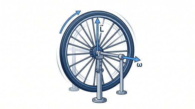Physics Diagram Demonstrating Gyroscopic Precession and Angular Momentum of a Wheel
