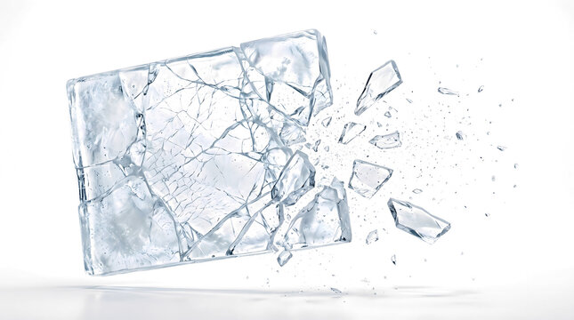Cracked ice block shattering into sharp transparent shards and tiny frozen particles for winter, cold drink and impact designs in PNG, Transparent and Black Background Versions