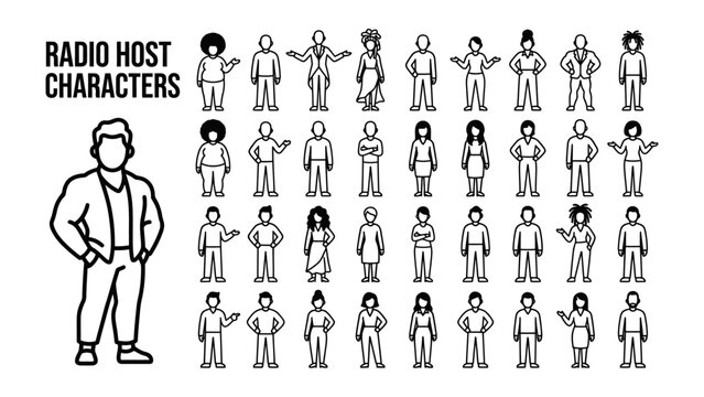 Radio Host Characters Collection: A diverse set of simple line art illustrations representing various radio host characters, showcasing different styles and appearances.