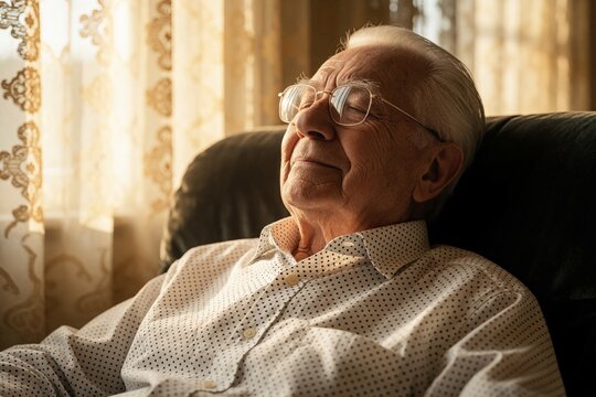 Elderly Caucasian man rests in comfortable chair at home. Senior male with glasses enjoys peaceful moment of relaxation. Close up portrait shows wrinkled face, calm expression. Old person slepic