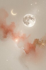 Fototapeta premium Abstract watercolor illustration of moon, crescent in cosmic space. Beige, coral nebula clouds with shimmering stars fill sky. Minimalist boho art style shows mystical universe journey. Calm