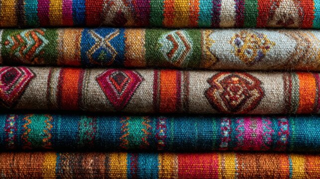 Colorful Andean alpaca wool handwoven fabric with traditional tribal pattern and tactile texture