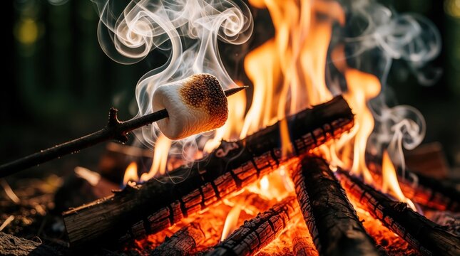 White marshmallow on wooden stick roasts above hot campfire flames in dark forest. Sweet food gets crunchy brown crust over burning wood, bright embers. Smoke rises from fire during outdoor camping