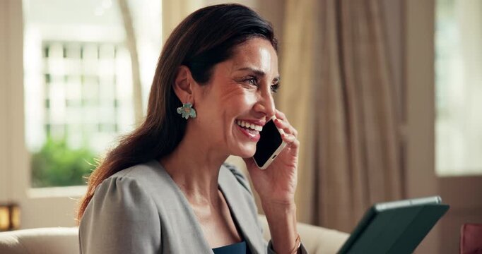 Business, hotel and woman with phone call for networking, internet and travel update on tablet. Hospitality, tech or mature person on cellphone for conversation, communication or talking for schedule