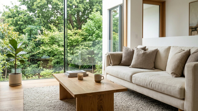 Modern living room with large window overlooking lush green trees and garden