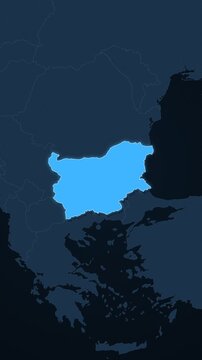 Bulgaria highlighted on a map of Europe with glow vertical video