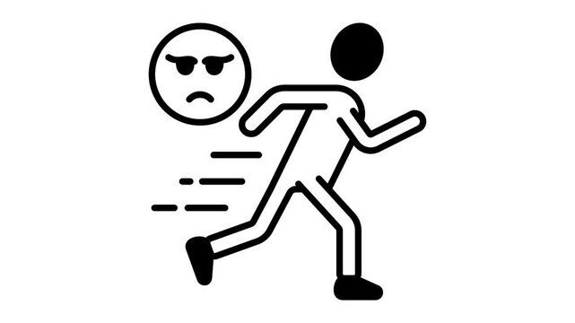 person running while an angry or irritated face icon appears nearby animation, restlessness and agitation expression animated video, running from stress motion graphics