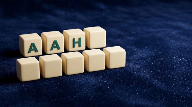 Cream colored alphabet letter cubes arranged on a dark blue textured surface with letters A and H visible
