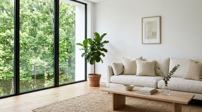Modern living room with large window overlooking lush green trees