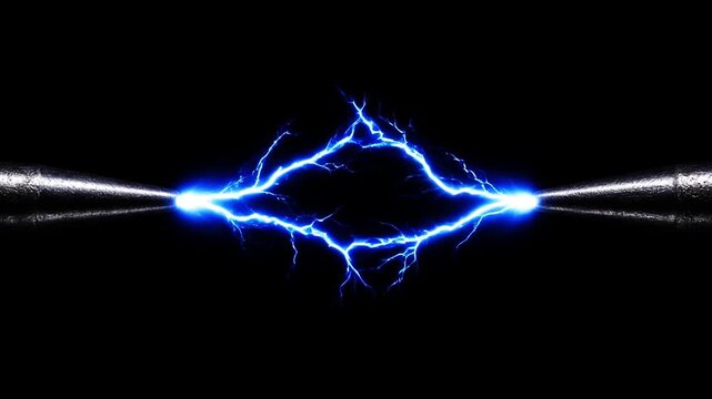 Macro abstract bright electric arc pulsing between metal electrodes in pure dark space. 
