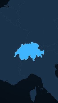Switzerland highlighted on a map of Europe with glow vertical video