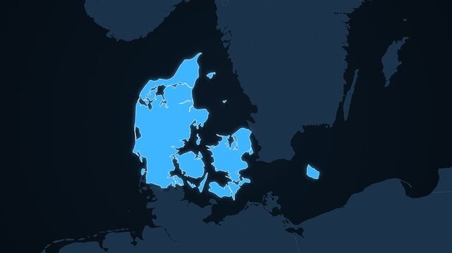 Denmark highlighted on a map of Europe with glow