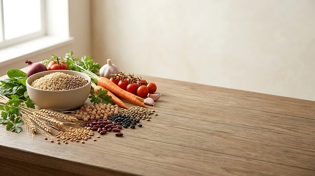 Various cereal grains beans fresh vegetables displayed on a rustic wooden table