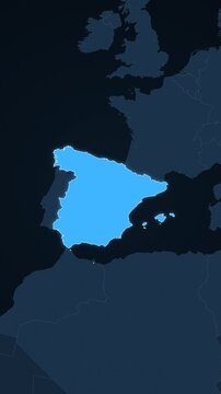 Spain highlighted on a map of Europe with glow vertical video
