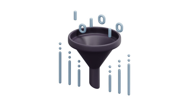 A 3D digital data processing funnel icon representing analytical filtering of binary information for business insight 57, isolated on a white background.