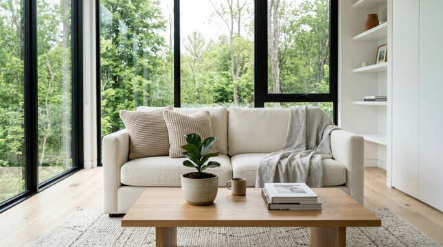 Modern living room with large windows and cozy sofa, surrounded by nature
