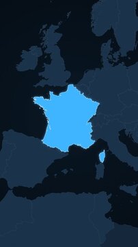 France highlighted on a map of Europe with glow vertical video