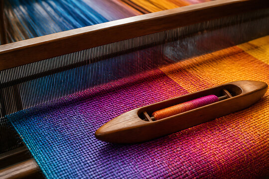 A wooden shuttle with yarn rests on a colorful, woven textile in a loom setting.