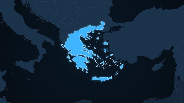 Greece highlighted on a map of Europe with glow