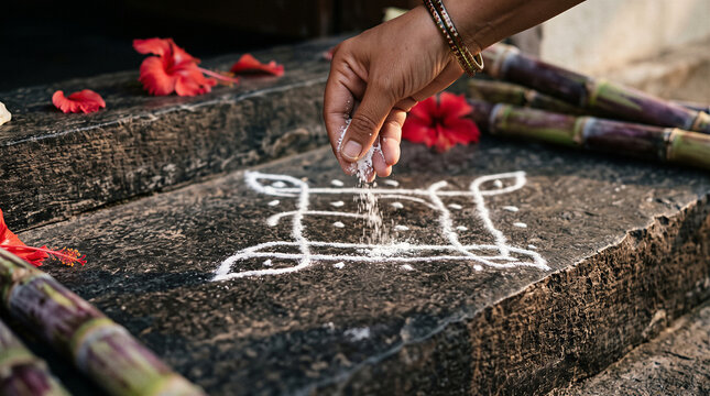 Woman sprinkling rice flour to create a kolam on stone