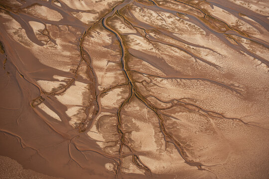 Aerial view of intricate branching channels and sediment patterns in the Colorado River Delta, Reserva de la Biosfera Alto Golfo de California, Golfo de Santa Clara, Sonora, Mexico.