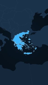 Greece highlighted on a map of Europe with glow vertical video