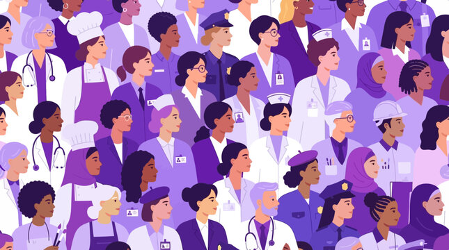 Diverse women professions seamless vector pattern