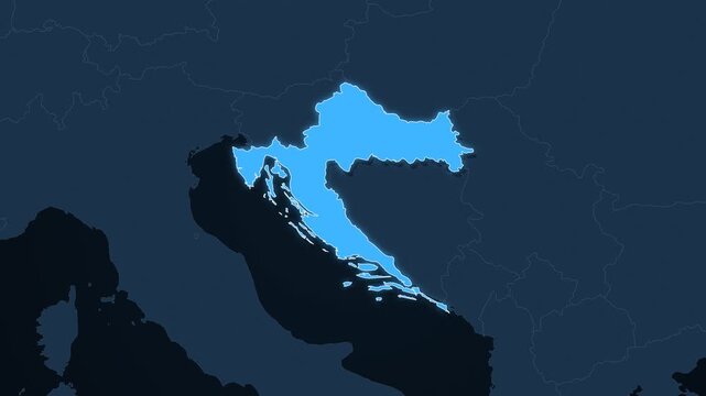 Croatia highlighted on a map of Europe with glow