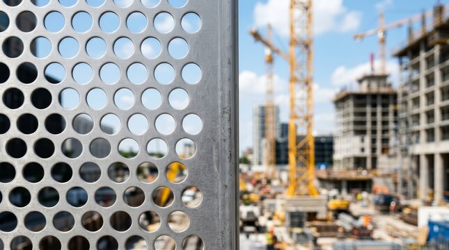 Unfinished highrise buildings and construction cranes viewed through a perforated metal sheet fence.
