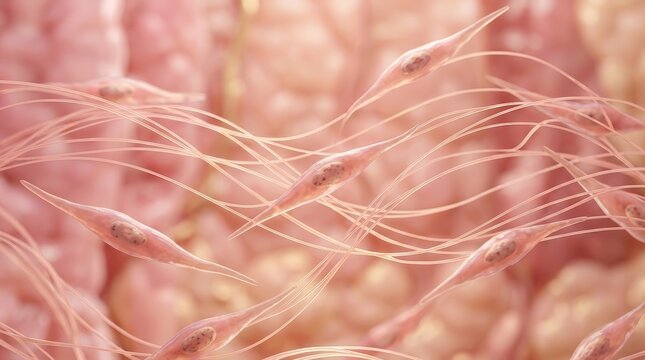 A microscopic view of spindle shaped fibroblast cells and collagen fiber strands in pink skin tissue.