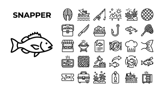 Snapper Fish and Fishing Icons: A collection of simple line art icons representing snapper fish, fishing gear, and related activities like cooking and conservation.