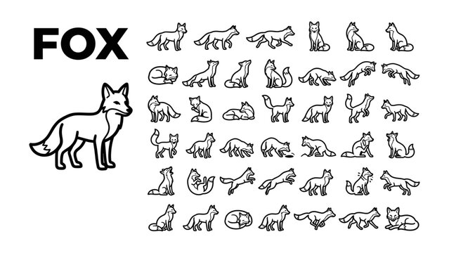 Fox Collection: A detailed illustration showcasing a fox in various dynamic poses, from standing alert to playful leaps, offering a comprehensive visual representation of this cunning creature.